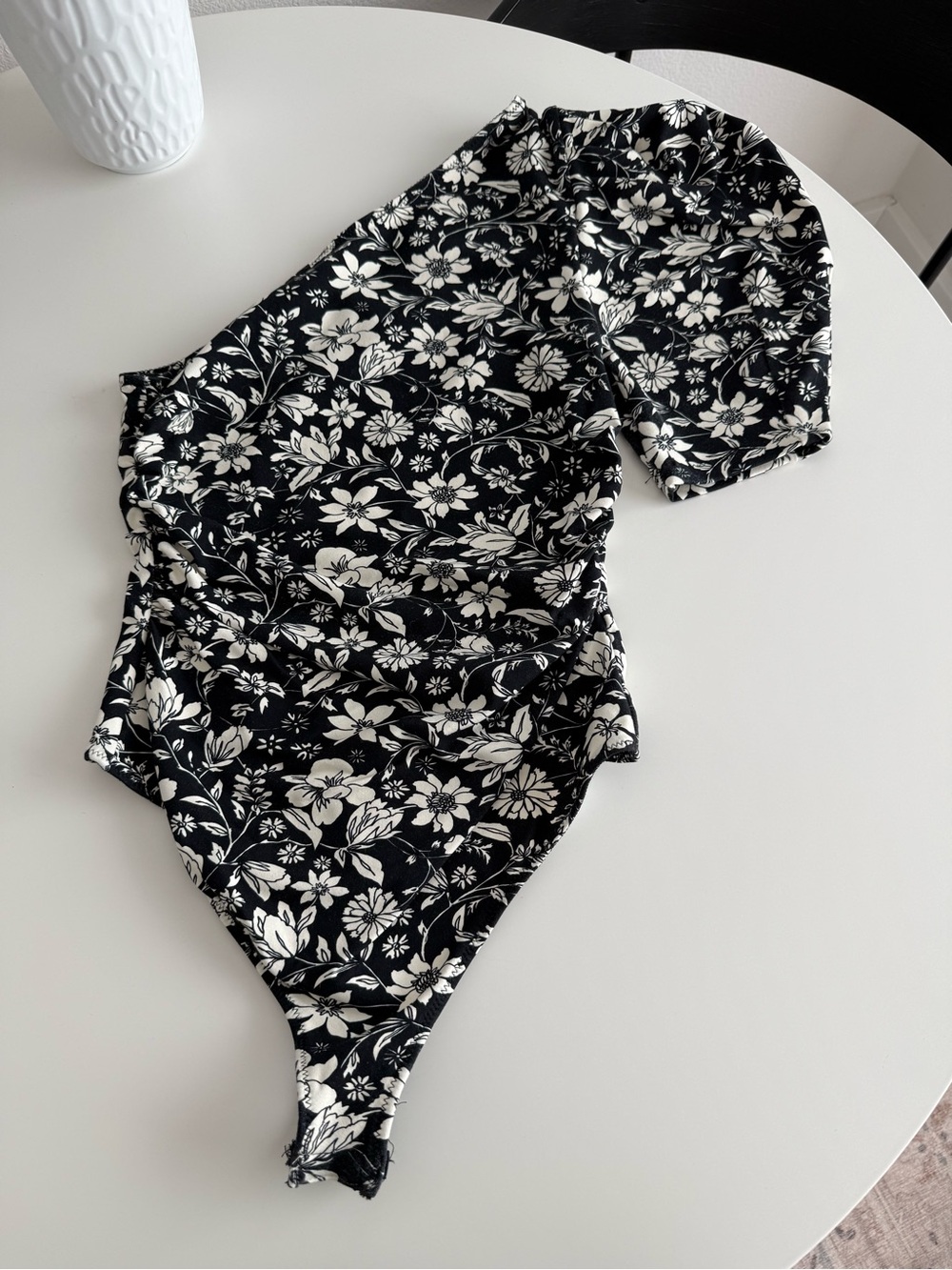 Free People Black and White Floral One-Shoulder Bodysuit